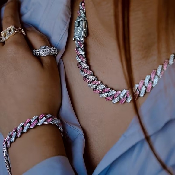 Men's Hip Hop Miami Cuban Prong Link Necklace and bracelet set PINK ice bling - Picture 3 of 3